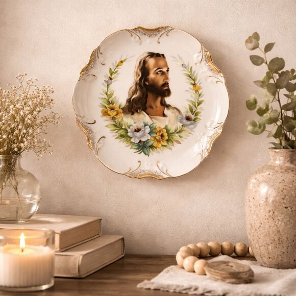 Wheelock Porcelain Plate Jesus Floral Gold Trim Wall Decor Vintage Religious - Picture 8 of 8